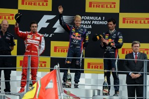 Sebastian Vettel celebrates his Italian Grand Prix victory on the Monza podium (Photo: Ferrari)