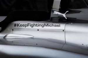 Mercedes W05 with a message of support for Michael Schumacher (Image: Mercedes AMG F1)